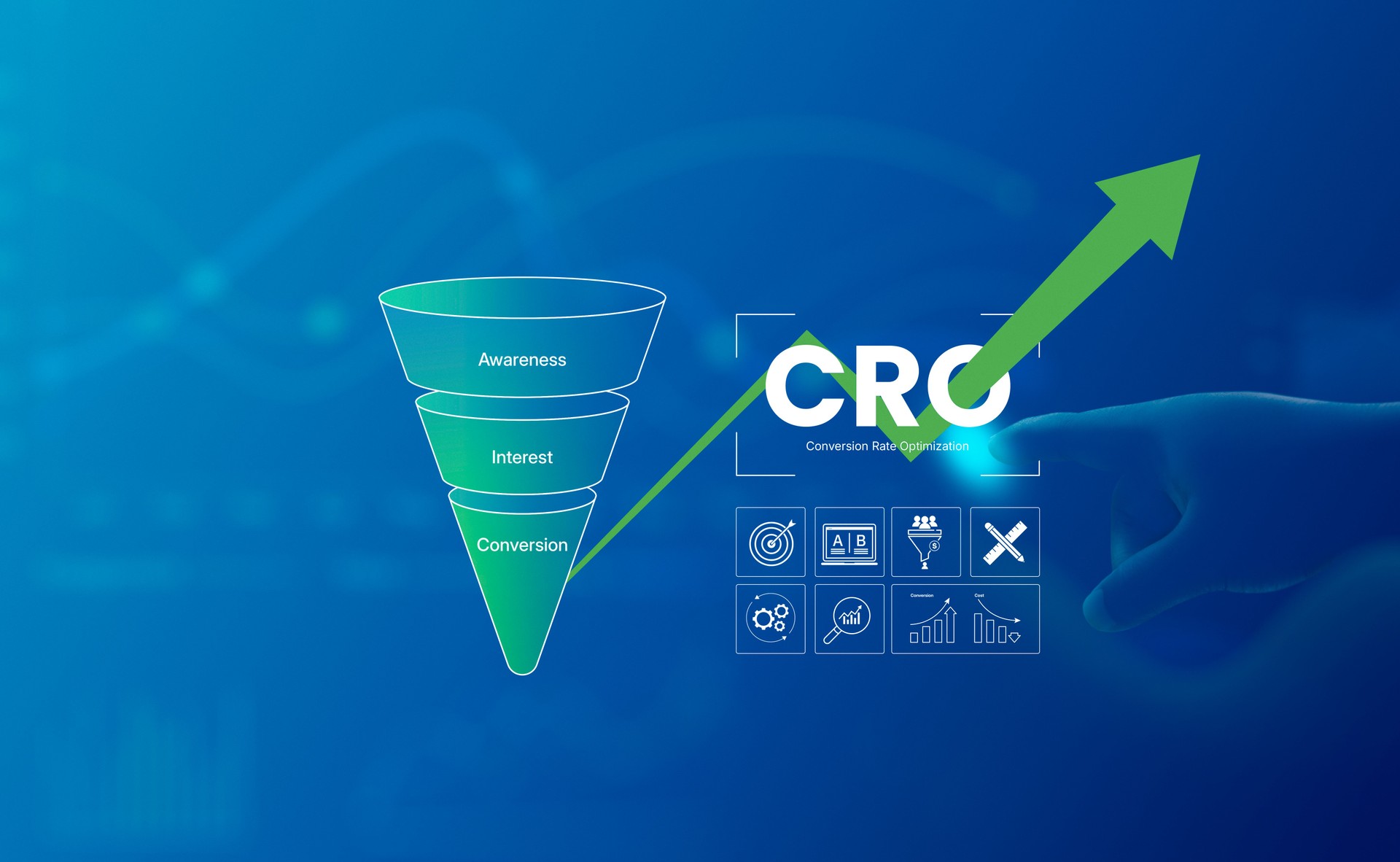 Conversion rate optimization (CRO) funnel with awareness, interest, conversion stages and rising green arrow; UX metrics and A B testing icons on deep blue gradient background for marketing analytics